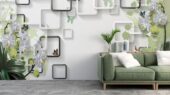 Фотошпалери білі орхідеї 3D з метеликами геометрія