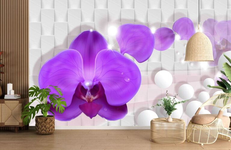 Фотошпалери фіолетові орхідеї 3D з блиском та перлиною