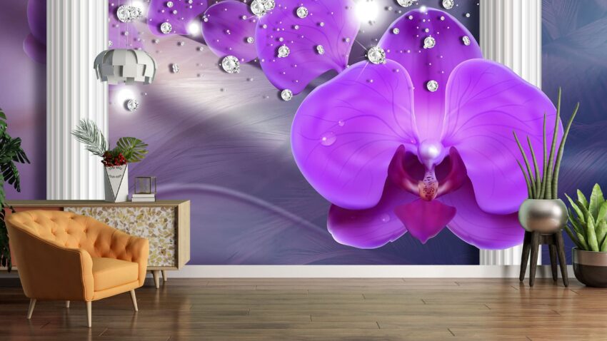Фотошпалери фіолетові орхідеї гламур колони 3D