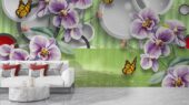 Фотошпалери фіолетові орхідеї з метеликами 3D бамбук