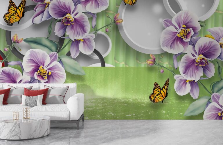 Фотошпалери фіолетові орхідеї з метеликами 3D бамбук