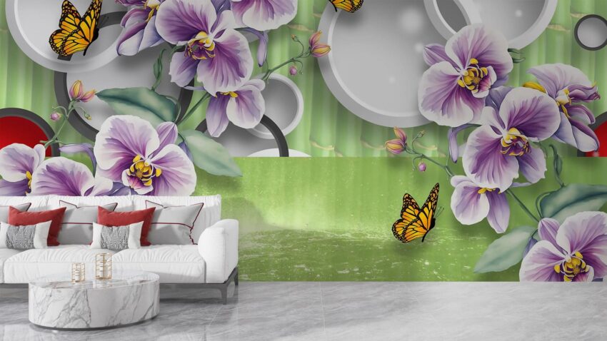 Фотошпалери фіолетові орхідеї з метеликами 3D бамбук