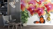 Фотошпалери рожеві орхідеї 3D з метеликами пастель