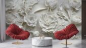 Фотошпалери 3D квіти білі барельєф