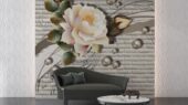 Фотошпалери 3D цегляна стіна з трояндою та перлами