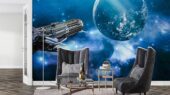 Фотошпалери Космічний корабель біля блакитної планети
